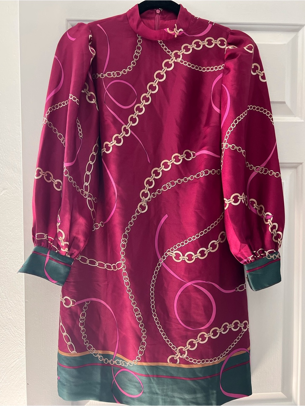 Ann Taylor Magenta Chain-Print Mini Dress with Teal Trim